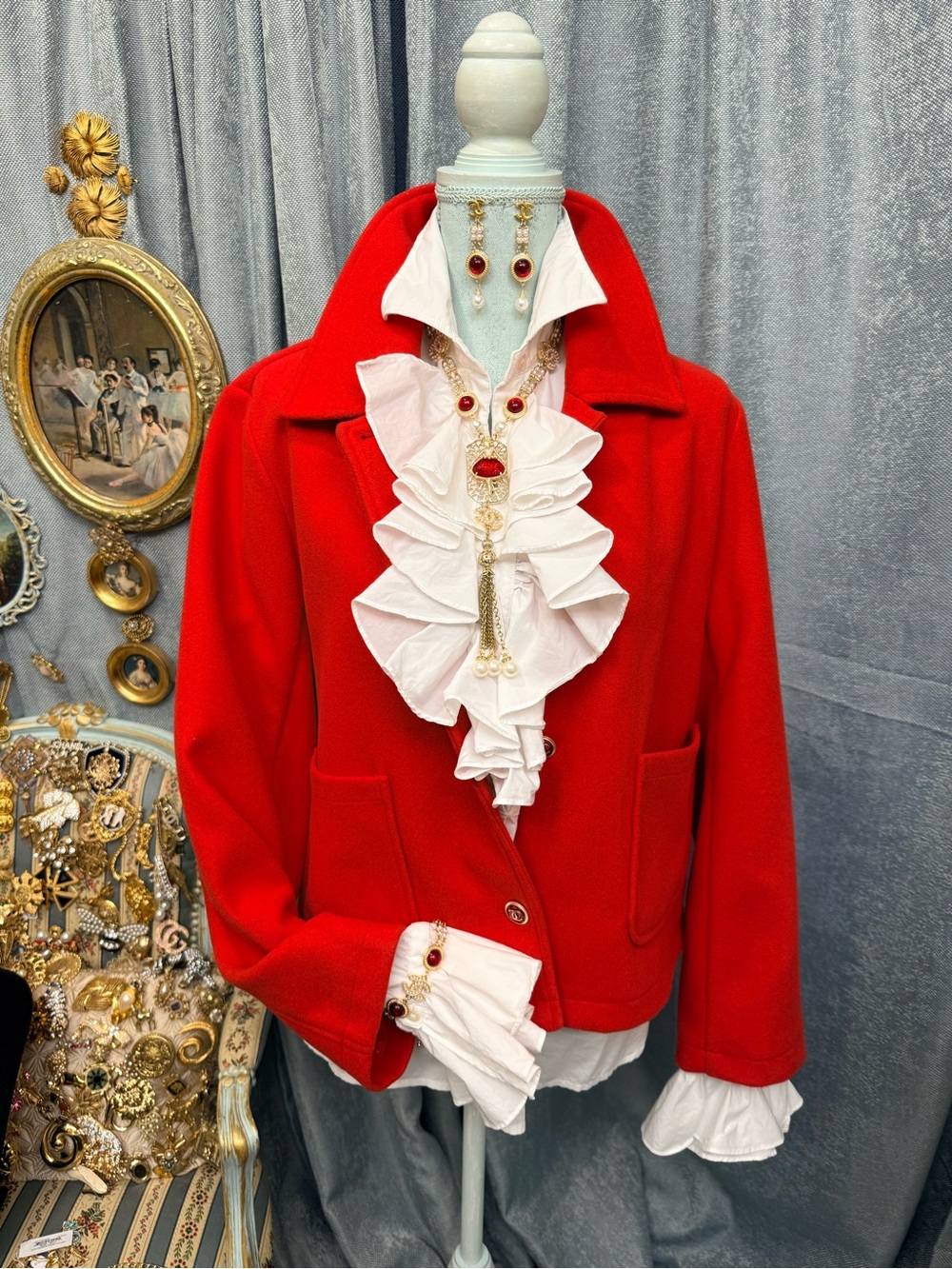 Red Jackie - Style Wool Like Jacket with Chanel Buttons
